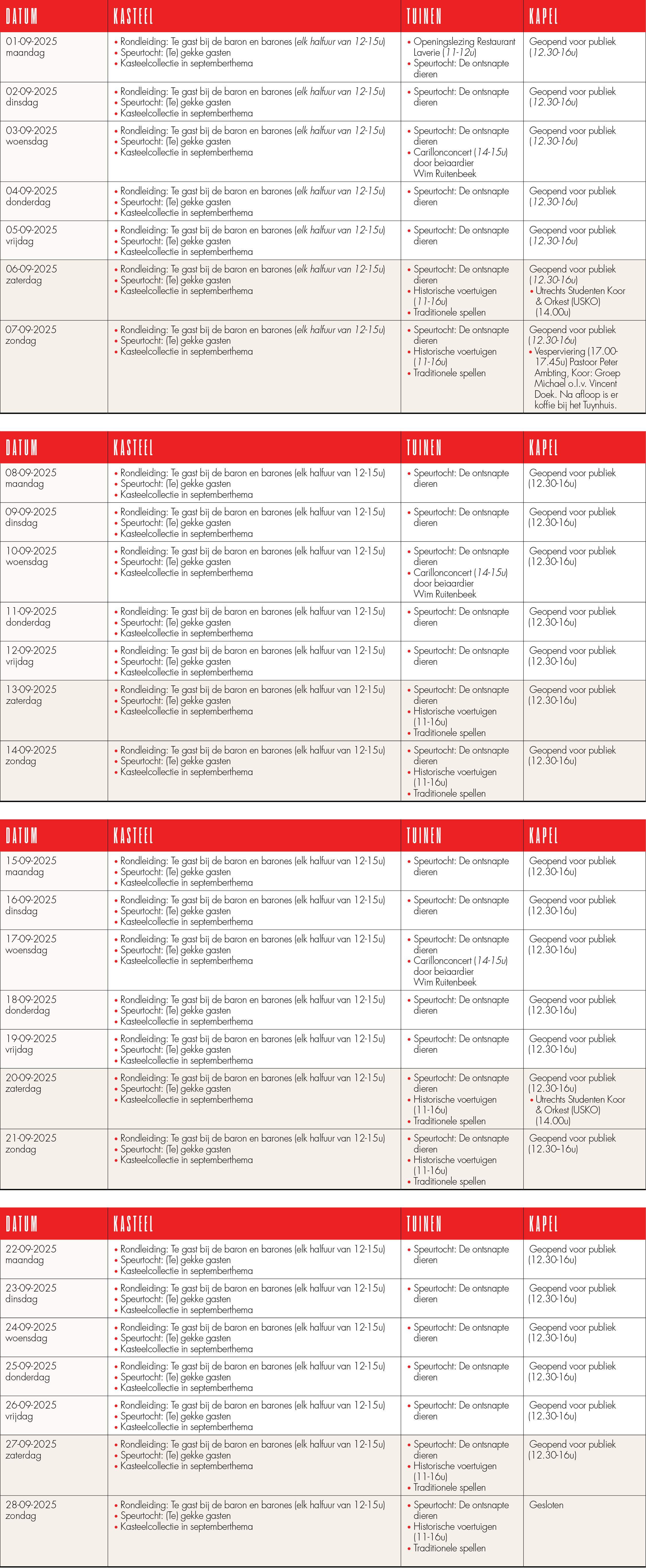 Kasteel de Haar September programma per week